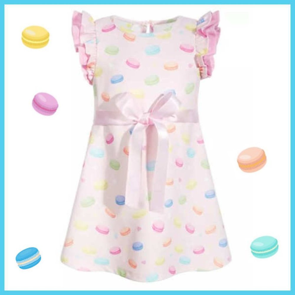 Samara Macaron Print Dress w/ Satin Ribbon, 6-9 Months